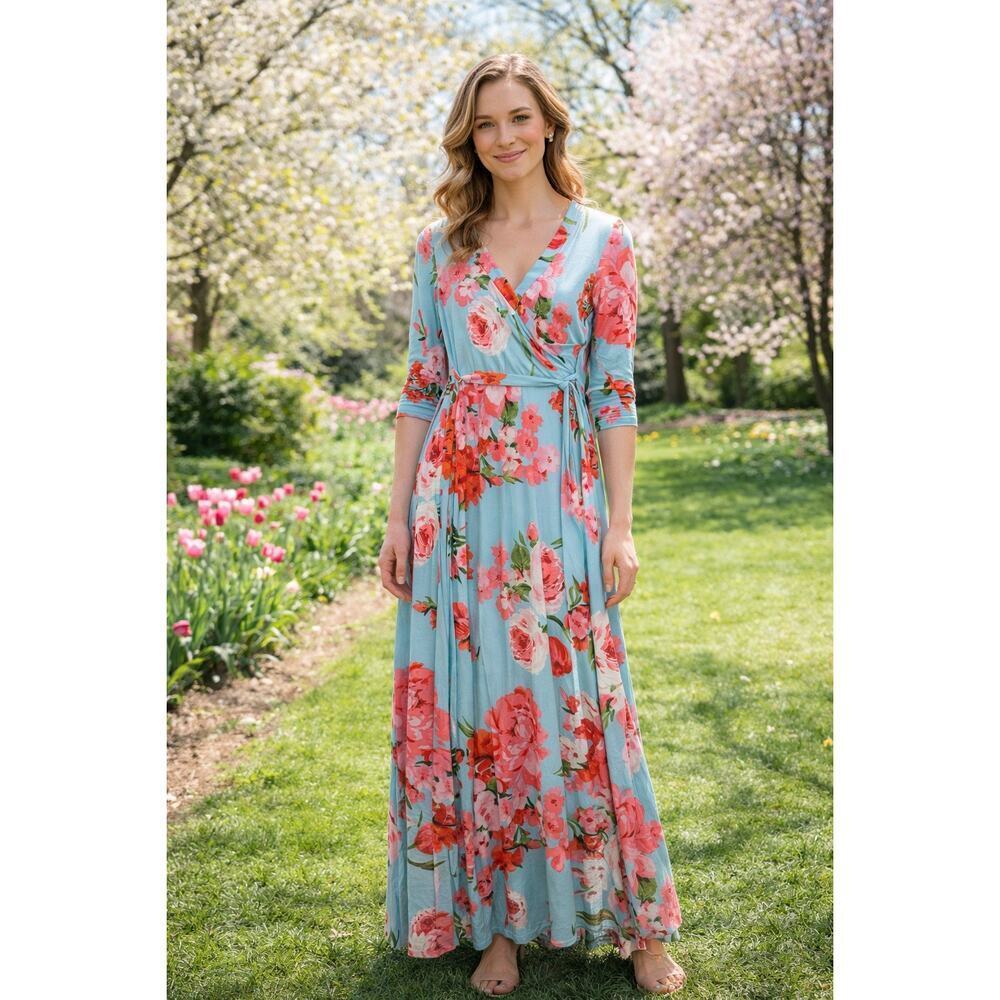 Pink Lily Romantic Blue Pink Floral Wrap Maxi Dress Garden Party Cottagecore